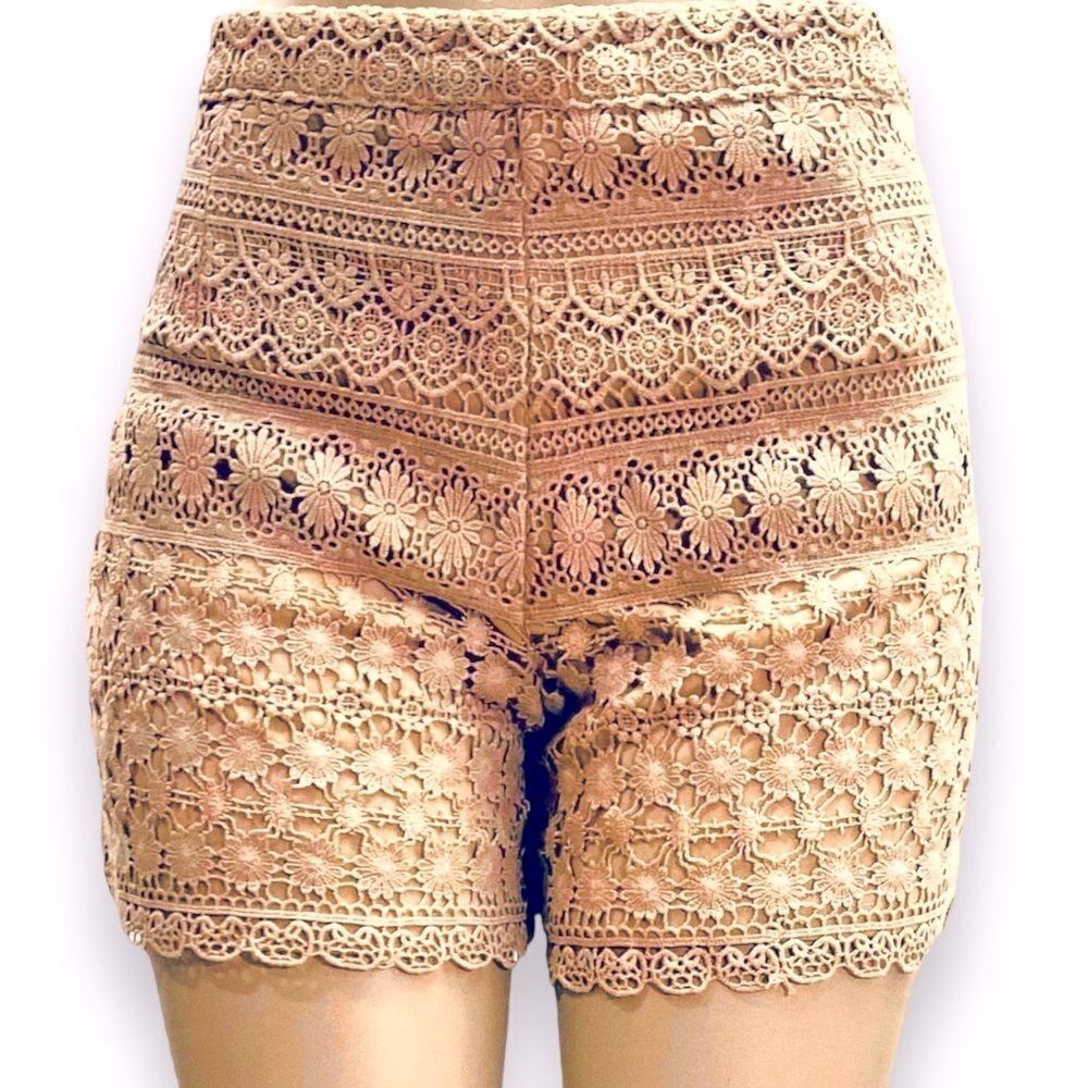 Tan Crochet Lined Zip Up Shorts - NWT